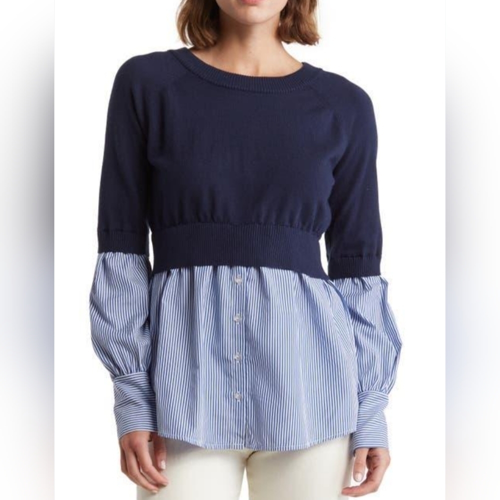 BOBEAU Twofer Poplin Sweater Top In Navy Women's Size Medium